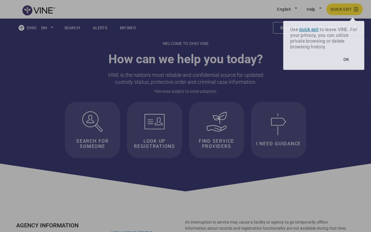 Pickaway County VINELink release search landing page