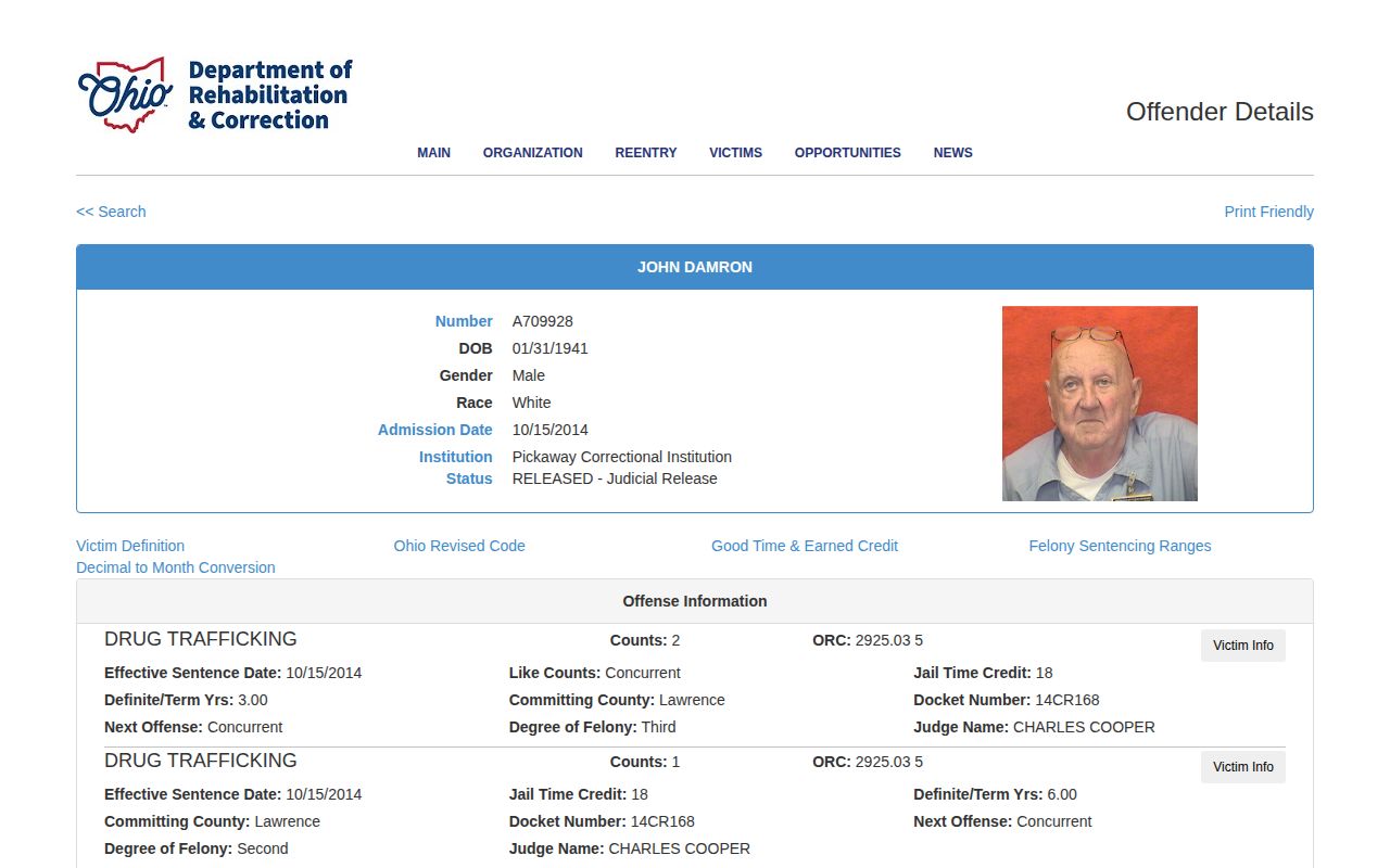 Pickaway County ODRC released result and projected release date field